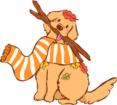 Cute Autumn Dog Golden Retriever Cartoon Hand Drawn Illustration, Dog With Scarf and Stick