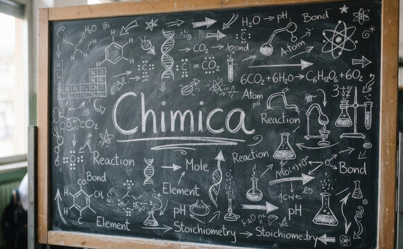 Chimica lavagna scolastica con formule chimiche e molecole per educazione scientifica