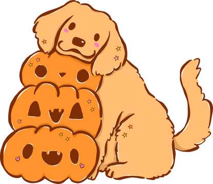 Cute Halloween Dog Golden Retriever Cartoon Hand Drawn Illustration, Autumn Puppy with Stack of Pumpkin