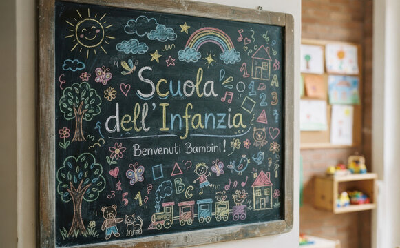 Scuola dell Infanzia lavagna con disegni colorati gesso benvenuti bambini asilo