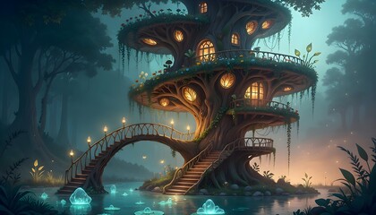Obraz premium A whimsical fantasy illustration of a unique multi-level treehouse organically integrated into a giant spiral-shaped tree in a magical forest setting.