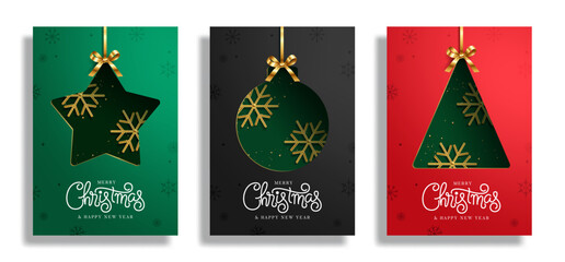 Fototapeta premium Christmas Greeting Card Poster Clipart Set. Merry Christmas greeting text with star, bauble and Christmas tree shapes, golden snowflakes and ribbon bows clip art collection in green, black and red 