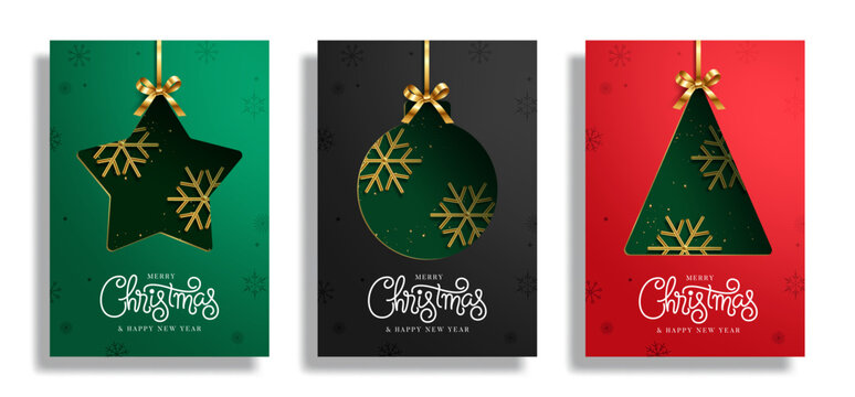 Christmas Greeting Card Poster Clipart Set. Merry Christmas greeting text with star, bauble and Christmas tree shapes, golden snowflakes and ribbon bows clip art collection in green, black and red 
