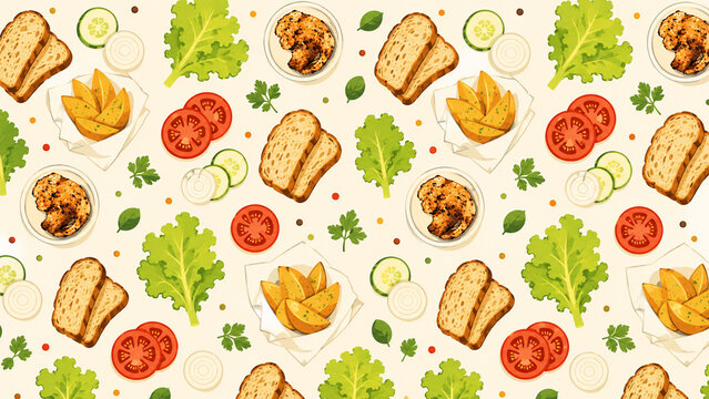 Food pattern featuring bread, lettuce, tomato, cucumber, onion, chicken and colorful produce on a cream background for food and kitchen designs.