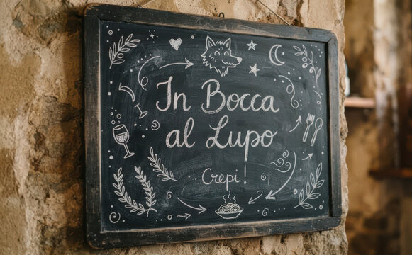 In Bocca al Lupo lavagna scritta a mano ristorante italiano auguri buona fortuna