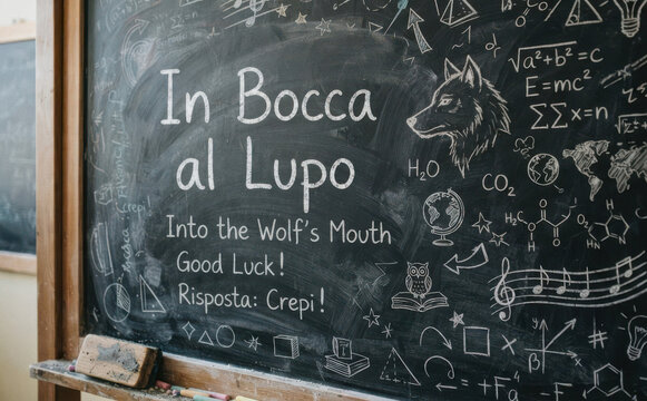 In Bocca al Lupo - Buona fortuna e incoraggiamento scolastico con lavagna e gesso