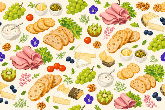 Seamless Healthy Food Breakfast Pattern with Cheese Bread and Fruit