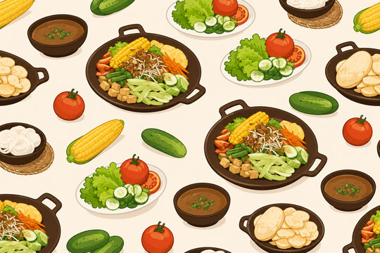 Seamless Indonesian Gado Gado Food Pattern with Vegetables and Peanut Sauce