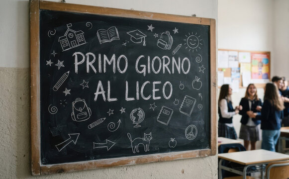PRIMO GIORNO AL LICEO Scritta su lavagna per primo giorno di scuola superiore studenti e istruzione