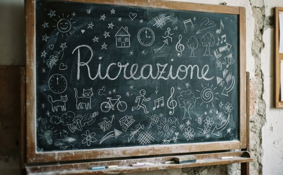 Ricreazione scritta sulla lavagna con disegni scolastici per educazione e scuola