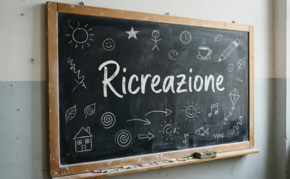 Ricreazione scritta sulla lavagna con disegni scolastici per concetto di pausa e tempo libero