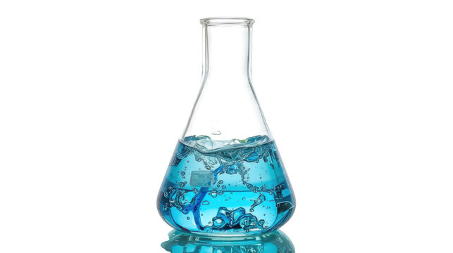 Blue liquid mixing in a clear glass Erlenmeyer flask isolated on white background