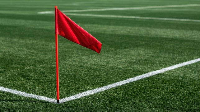 Red corner flag standing on green artificial turf field with white boundary lines for sport game marking and field indication