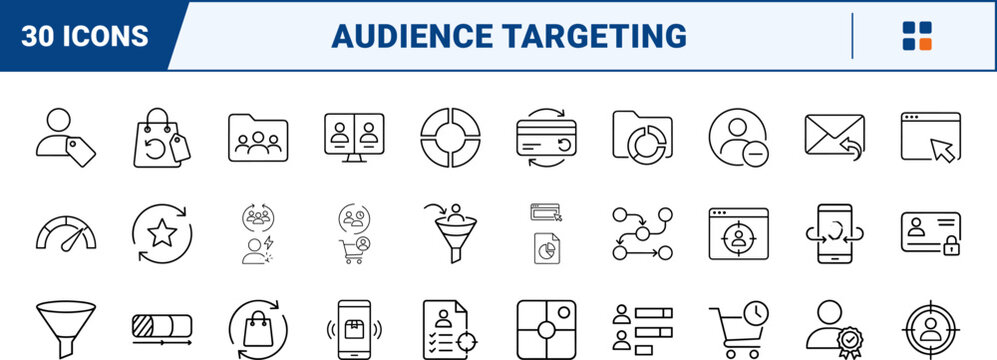 Retargeting Audience Map line icon set. Vector pictograms of audience, marketing, analytics, and advertising elements, thin linear illustration.