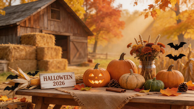 Halloween pumpkin display with barn