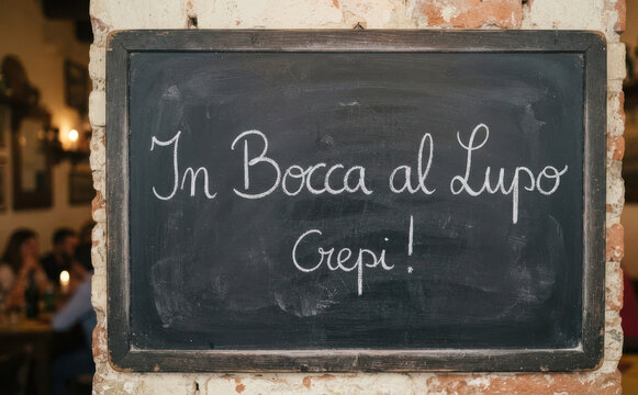 In Bocca al Lupo Crepi lavagna con scritta in italiano fortuna successo auguri ristorante