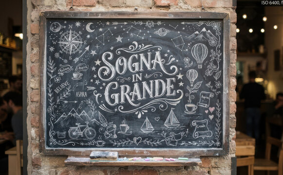 SOGNA IN GRANDE lavagna con scritta motivazionale in italiano e illustrazioni per arredamento e grafica