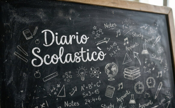 Diario Scolastico lavagna con disegni e formule per il ritorno a scuola e educazione
