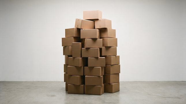 Tower of unopened cardboard boxes symbolizing overconsumption and unsustainable consumer behavior