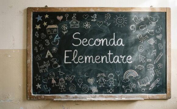 Seconda Elementare lavagna con disegni e scritte per scuola bambini educazione
