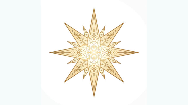 Ornate Golden Eight-Pointed Star with Intricate Floral Mandala Design on White Background