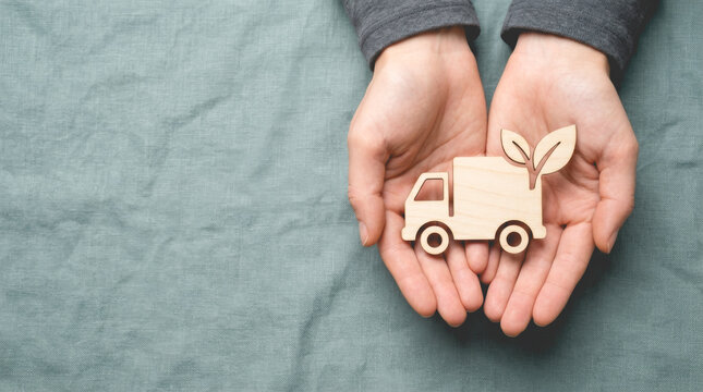 Hands holding a wooden truck with leaves representing eco friendly logistics, sustainable green transportation, and zero emission delivery.
