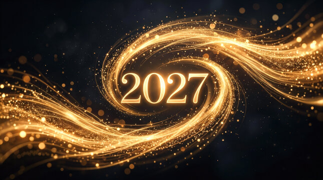 Glowing golden 2027 numbers surrounded by magical sparkling light waves representing luxury New Year celebration, elegant festive countdown, and glamorous future success.