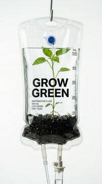 IV drip bag filled with soil and a growing green plant representing urgent nature restoration, ecological environmental healing, and sustainable biological life support.