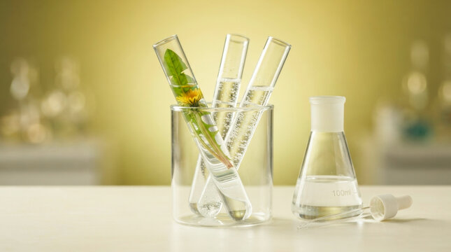 Laboratory glassware with a yellow dandelion flower and effervescent liquid representing organic botanical extraction, natural cosmetic science, and pure floral skincare research.