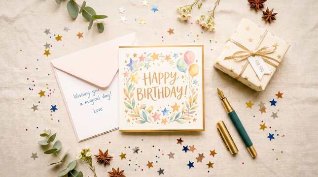 Flat lay of a watercolor Happy Birthday card with a gift box and star confetti representing joyful festive celebration, sweet greeting message, and special party surprise.
