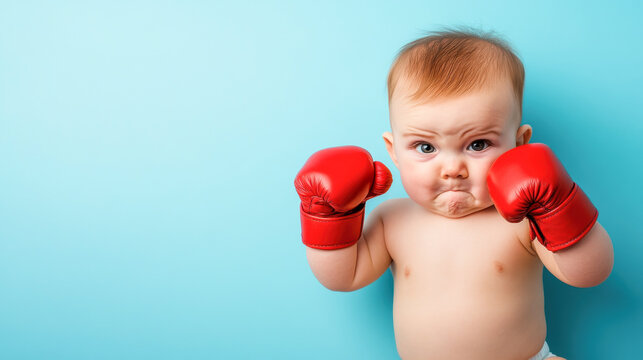 Funny cute baby wearing big red boxing gloves with a determined face on a blue background representing strong childhood health, active playful energy, and little champion fighting spirit.