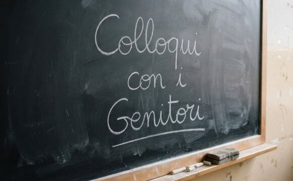 Colloqui con i genitori scritto sulla lavagna per riunione scolastica e incontro