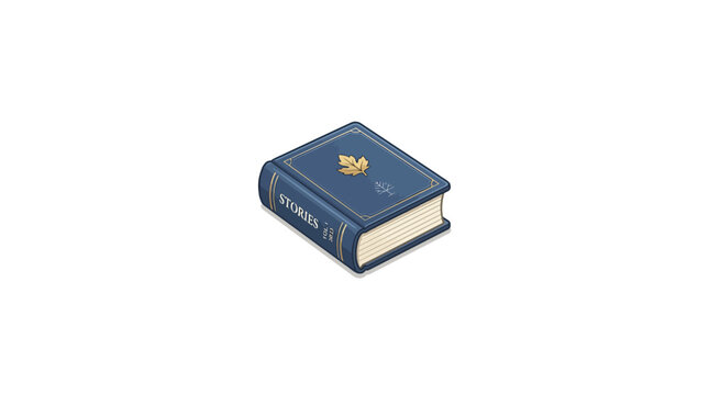 Illustrated Blue Hardcover Stories Book with Gold Leaf Emblem on White Background