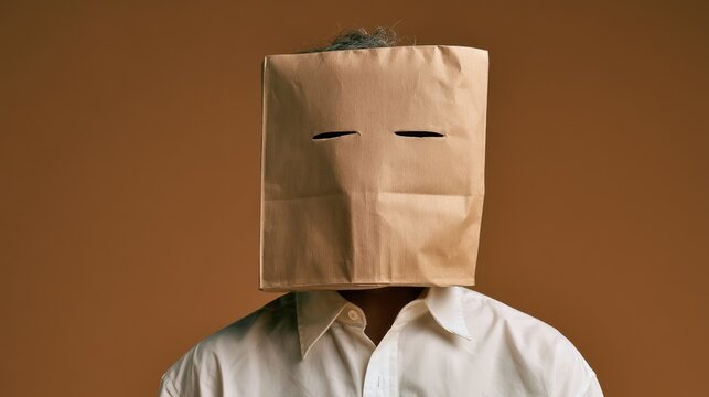 Person wearing a brown paper bag over the head with eye holes cut out, dressed in white shirt, isolated on warm brown background, anonymous and concealed identity concept