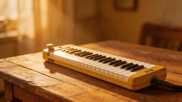 Yellow keyboard synthesizer on wooden table