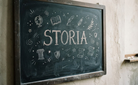 STORIA lavagna scolastica con scritte educative e simboli storici per lezioni e scuola