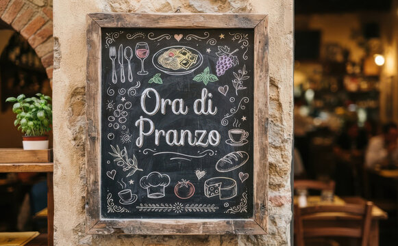 Ora di Pranzo lavagna con menu italiano pasta e vino per ristorante e trattoria