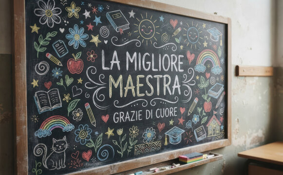 LA MIGLIORE MAESTRA GRAZIE DI CUORE lavagna con disegni colorati per festa insegnanti e ringraziamento