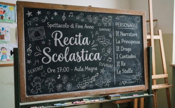 Recita Scolastica - Lavagna con scritta in gesso per spettacolo di fine anno scolastico, teatro e recita dei bambini