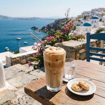 Refreshing Iced Coffee and Cookies Served on a Sunny Terrace Overlooking the Beautiful Mediterranean Sea and Charming Greek Village