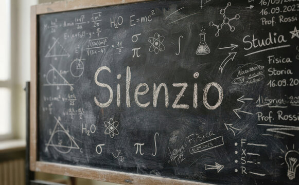 Silenzio lavagna scolastica con formule scientifiche e appunti per studio e concentrazione