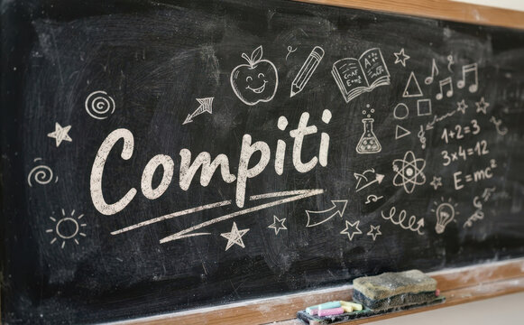 Compiti - lavagna con scritta e disegni scolastici per educazione studio e compiti