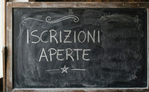 Iscrizioni aperte lavagna scolastica con scritta a gesso per corsi educazione formazione scuola e iscrizione