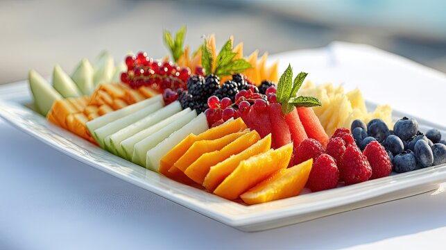 Fresh fruit platter with melon berries watermelon and pineapple on a white plate