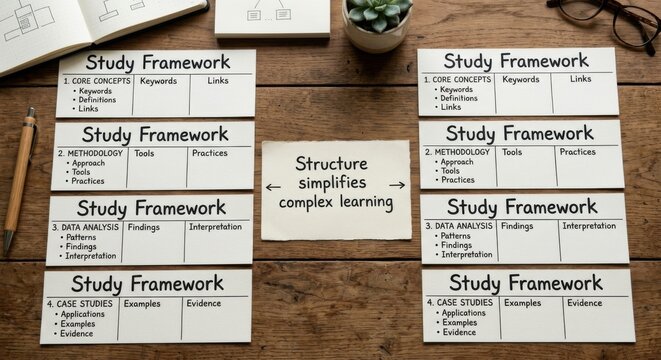 Educational notes and study frameworks arranged for clear learning structure on a wooden desk
