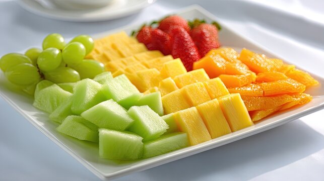 Assorted fresh fruit platter with grapes melon pineapple strawberries and oranges