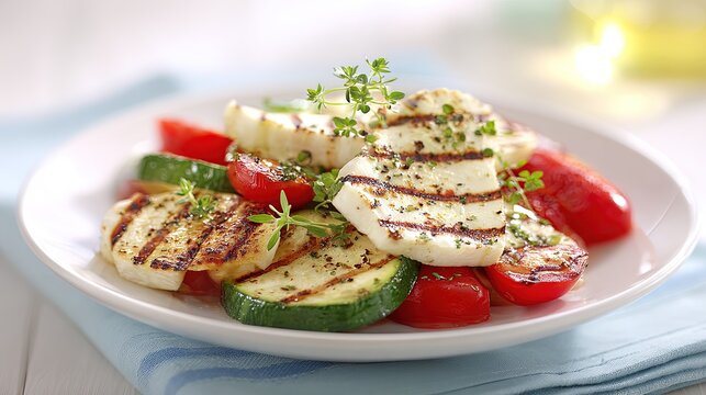 Grilled halloumi cheese with zucchini and tomatoes on a white ceramic plate