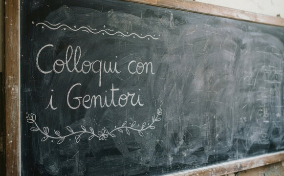Colloqui con i Genitori scritto su lavagna. Incontro scuola famiglia e colloqui insegnanti genitori