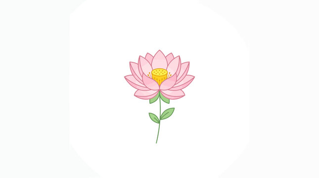 Flat style pink lotus flower icon illustration with green stem and yellow center on white background