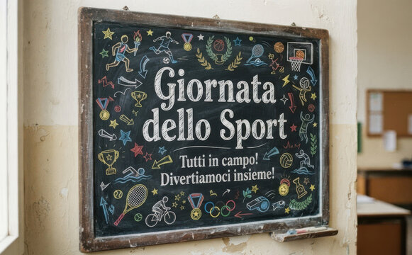 Giornata dello Sport lavagna scolastica con disegni sportivi concetto di educazione fisica e benessere scolastico